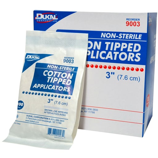 Dukal 3" Cotton Tipped Applicators, Non-Sterile, 1000/Box. Wood applicators