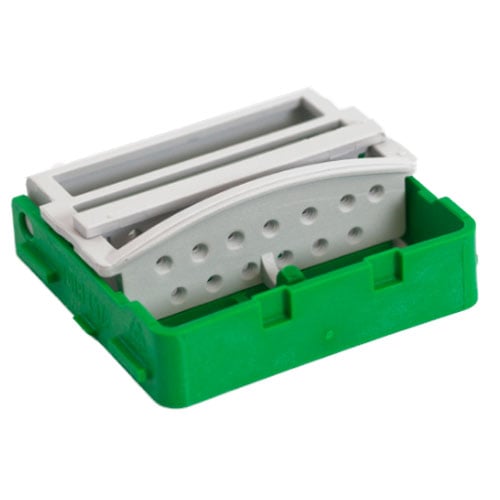 PractiPal Compact Bur Stand, Green. Holds 2 long burs, 5 RA and 8 FG burs