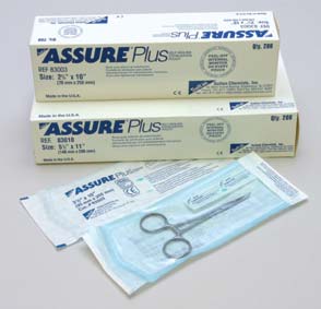 Assure Plus 10" x 15" sterilization pouch with peel-off sealing strips, box