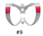 Hygenic Fiesta Color Coded Clamps. #9 (red) winged metal dam clamp. Anterior