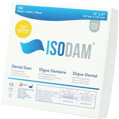 IsoDam 5" x 5" Medium Blue Latex Free Dental Dam, Package of 100