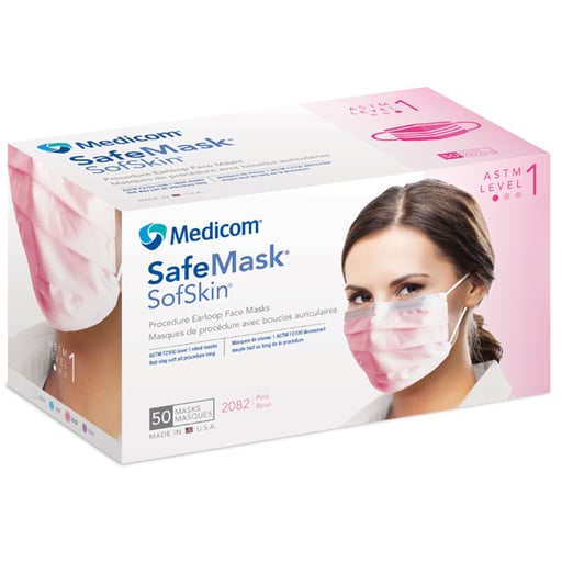SafeMask SofSkin Earloop Mask PINK 50/Pk Fluid Resistant. Extra soft