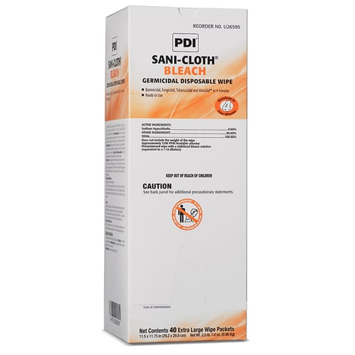 Sani-Cloth Bleach 11.5" x 11.75" Individually Wrapped Wipes, 40/Pk. XLarge