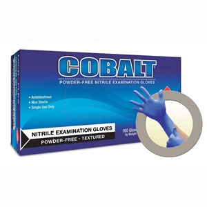 Cobalt Nitrile exam gloves: LARGE 100/Bx. Powder-free, fully textured, blue