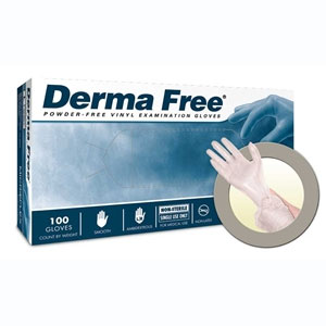 Derma Free Vinyl Exam Gloves: MEDIUM 100/Bx. Powder-Free, Smooth, Beaded Cuff