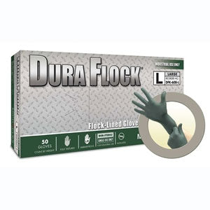 Dura Flock Flock-lined nitrile gloves: LARGE 50/Bx. Fully textured, 8 mil