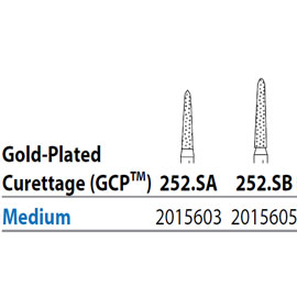 Two Striper FG 252.SA Medium Diamond Burs, Gold-Plated Curettage, 7mm Cutting
