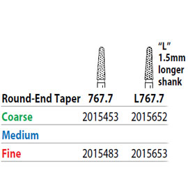 Two Striper FG L767.7 Coarse Grit, Round End Taper Diamond Bur. Package of 5