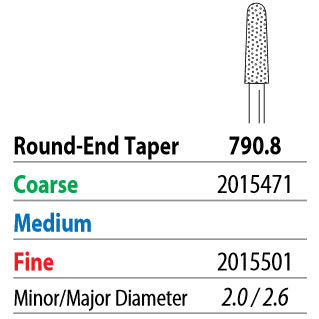 Two Striper FG 790.8 Coarse Diamond Bur Round-End Taper. Pack of 5