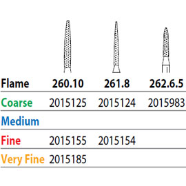 Two Striper FG #260.10 Very Fine Diamond Burs, Flame shaped. Pack of 5