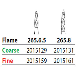 Two Striper FG #265.6.5 Fine Diamond Burs, Flame shaped. Pack of 5