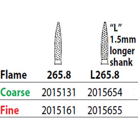 Two Striper FG #L265.8 Coarse Diamond Burs, Flame shaped. Pack of 5