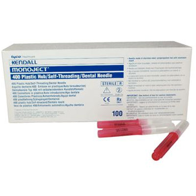 Monoject #400 25 gauge Long (1.25") sterile disposable RED plastic hub needles