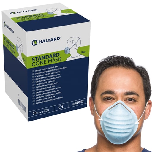 Halyard Molded Cone-Style Mask with Headband - Blue, 50/Bx. Protective 3-Layer