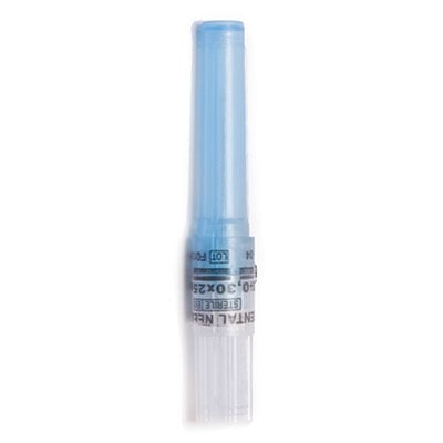 Quala 30 Gauge Short 1" Dental Needles, Blue, Pre-threaded plastic hub, Bevel