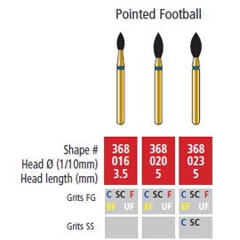 Alpen FG #368.023 Fine Grit, Football Shaped Diamond Bur. Package of 5 Burs