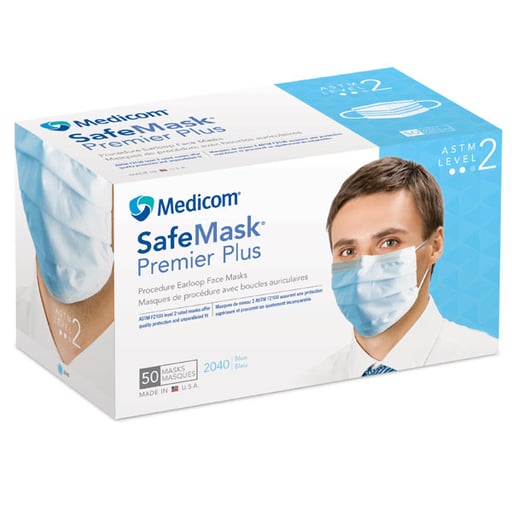 SafeMask Premier Plus Blue Ear-Loop face Mask, 50/Bx. ASTM Level 2, Moderate