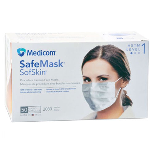 SafeMask SofSkin Earloop Mask WHITE 50/Box, 10 boxes/Case. Fluid Resistant