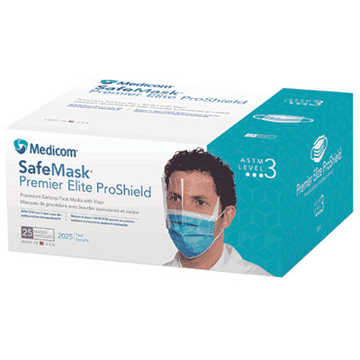 SafeMask Premier Elite Pro-Shield Teal Face Mask with Eye Visor, 25/Bx. ASTM