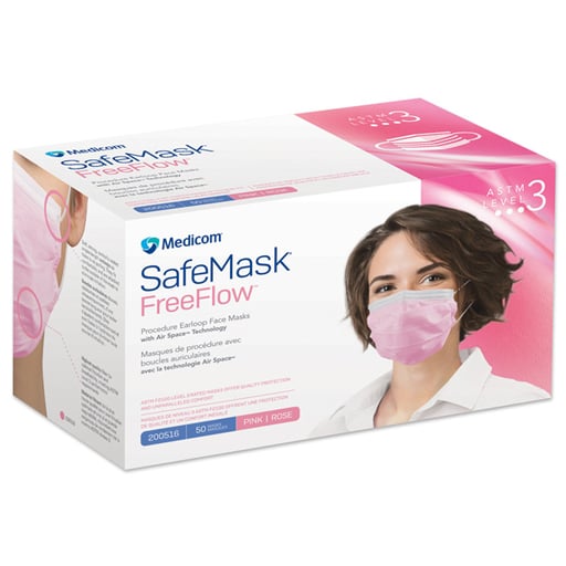 SafeMask FreeFlow ASTM Level 3 Earloop Face Mask, Pink, 50/Bx. Fluid resistant