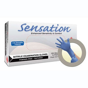 Sensation Nitrile exam gloves: SMALL, blue, 100/bx, non-sterile, powder-free