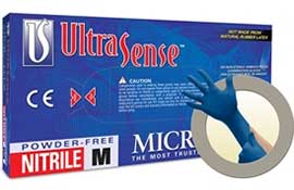 UltraSense Nitrile gloves: Non-Sterile, Powder-Free, Textured fingertips, box