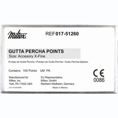Miltex Fine-Medium Standardized Gutta Percha Points 100/bx, hand rolled