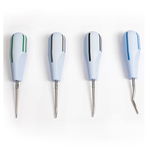 Luxator Short Periotome Kit. Contains 2mm Straight (S2S), 3mm Curved (S3C), 3mm