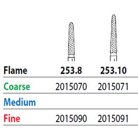 Two Striper FG #253.10 Coarse Diamond Burs, Flame shaped. Pack of 5