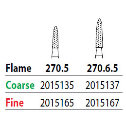 Two Striper FG #270.5 Coarse Diamond Burs, Flame shaped. Pack of 5