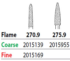 Two Striper FG #275.9 Coarse Diamond Burs, Flame shaped. Pack of 5